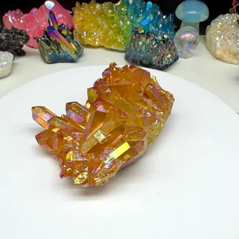 Amber Aura Quartz Crystal Cluster Orange Clear AB Aurora Iridescent Stone